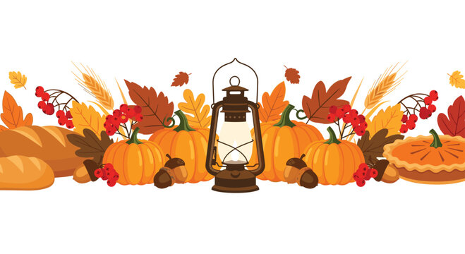 Horizontal Thanksgiving border featuring orange pumpkins autumn leaves red berries wheat and a vintage lantern on white background.