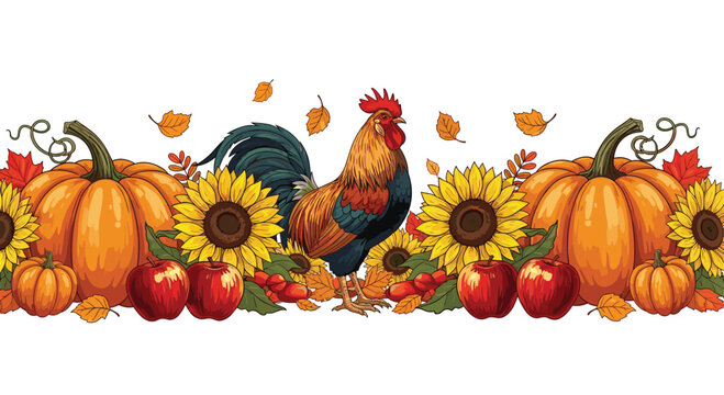 Autumn farm harvest border with a proud rooster standing among large pumpkins sunflowers red apples and falling leaves outdoors.