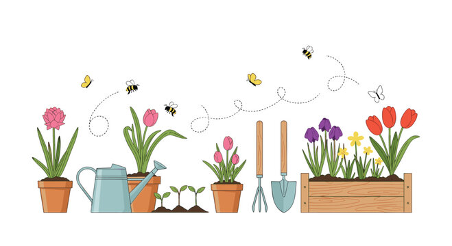 Set of gardening tools like watering can and spade next to potted tulips and irises in a wooden planter box with bees and butterflies.