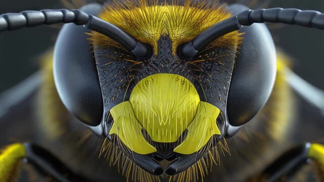 A detailed close-up of a bee's face, showcasing its complex features with sharp focus and depth of field