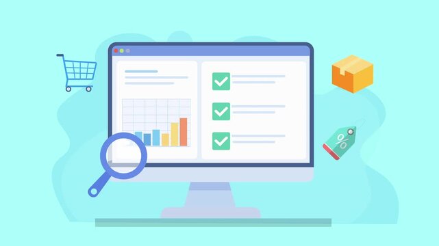 Animated ecommerce dashboard with charts, checklist, product box and payment card icons, representing sales analysis, transactions, and digital business performance in a modern interface.