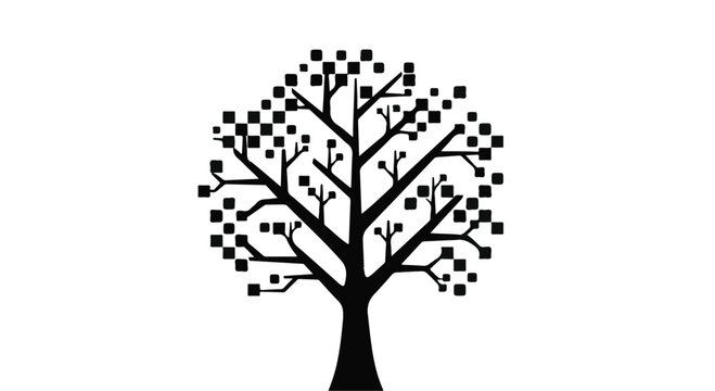 Tree silhouette features geometric pixelated leaves to represent the intersection of nature and digital technology.