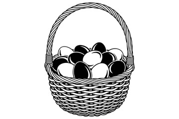 Fototapeta premium A detailed graphic illustration of a rustic woven wicker basket filled with a delightful assortment of contrasting black and white eggs, symbolizing balance and diverse choices