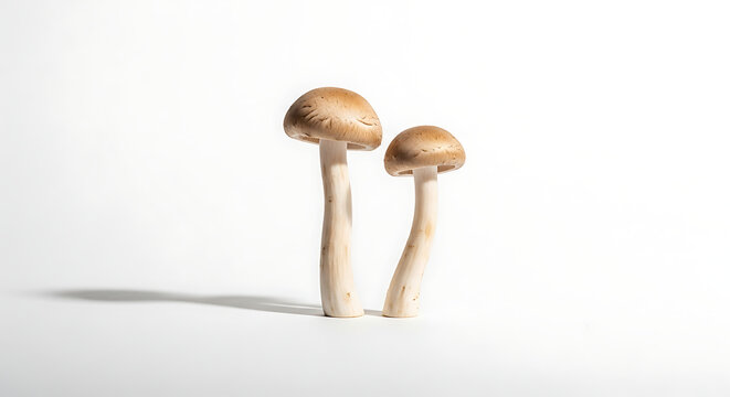 Two psilocybe cubensis mushrooms on a white background