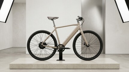 Fototapeta premium Minimalist beige electric bicycle displayed on a platform in a bright photo studio setting. modern urban transport, sustainable eco mobility, sleek e-bike design.