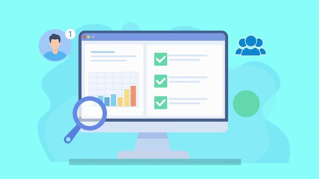 Animated user analytics dashboard with charts, checklist, profile and audience icons, representing customer data analysis, behavior tracking, and digital monitoring in a modern interface.