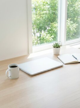 Summer beach workspace with laptop bright sky and sun cozy environment scenic viewpoint
