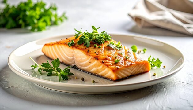 Delicious salmon fillet on plate with herbs.