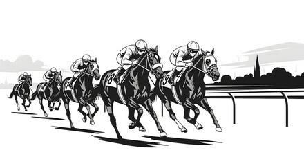 Obraz premium Black and white illustration of horses racing on a track with jockeys