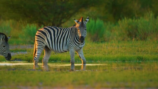 Slow motion footage of a African zebra drinking water from a waterhole in Savanah of Botswana South Africa.