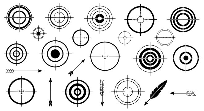 Targets bullseye set with black circular shapes and arrows featuring target, archery target, shooting target with white background and arrow elements