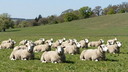 Fototapeta premium A flock of white sheep is resting on a green meadow on a hillside among trees on a sunny day. Rural landscape.