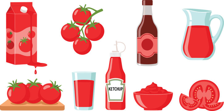 Tomato products vector set featuring fresh tomatoes, juice, ketchup bottles and sauce containers isolated on white background for food and cooking design