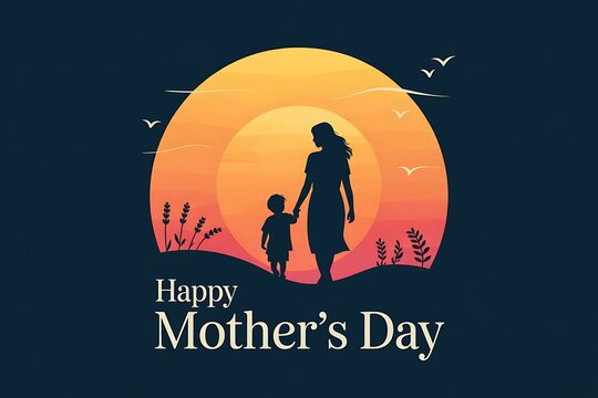 Mothers day greeting card with a mother and child silhouette at sunset