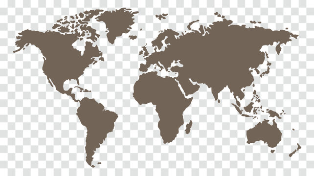 Minimalist Brown World Map Silhouette Isolated on Transparent Checkerboard Background