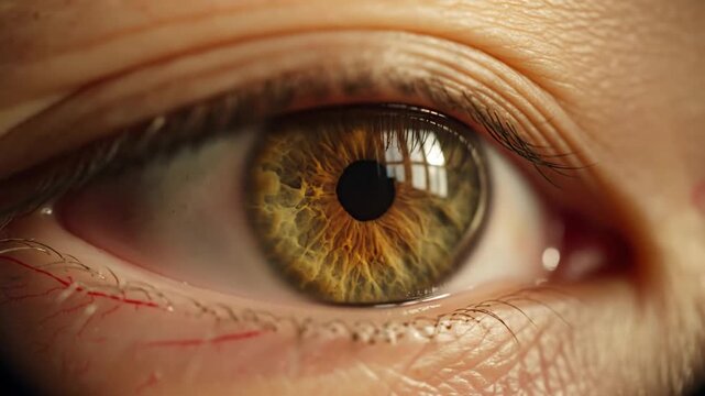 Close-up portrait of a human eye with greenish-brown iris and detailed wrinkles, against a neutral background with shallow depth of field.