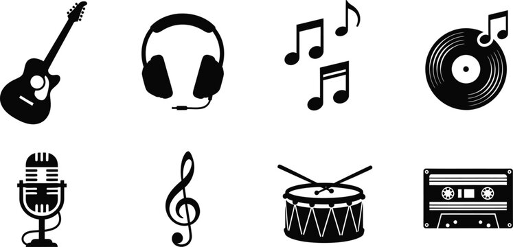 Diverse music icons set guitar headphones notes vinyl more vector illustration for music projects