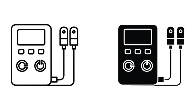 A digital multimeter with two test leads placed in an upright position against a plain background, showcasing both the outline and solid black versions for electrical testing and measurement purposes