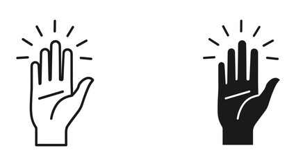 Obraz premium A black and white illustration of an open palm with radiating lines above it, symbolizing greeting or emphasis, presented in a simple and minimalistic graphic design style.