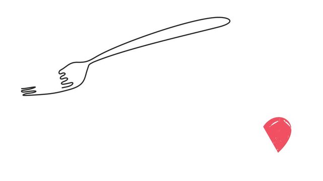 Animated self drawing of continuous line draw of Fork with pasta. Italian spaghetti noodle and heart for menu design and food delivery service, Full length one line animation. 4K