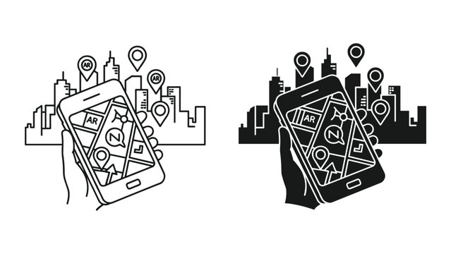 A black and white illustration of two smartphones with augmented reality features and city skylines in the background