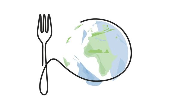 Animated self drawing of continuous line draw of earth or globe and plate, knife and fork. World food day holiday concept . Full length one line animation. 4K