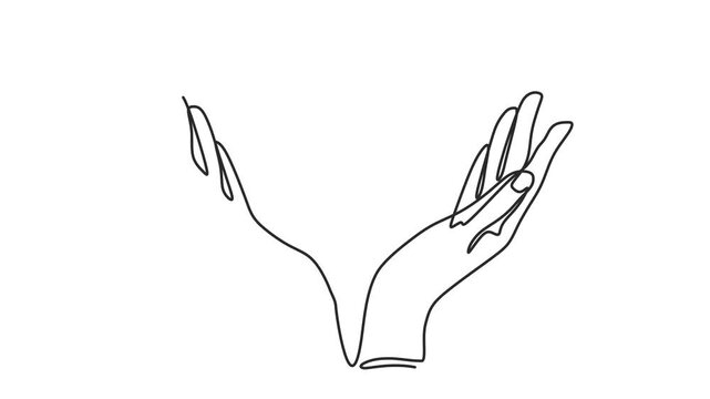 Animated self drawing of continuous line draw of hands holding a newborn baby. Concept of protect child, save child. Full length one line animation. 4K