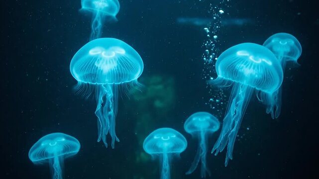 Glowing blue jellyfish swimming underwater.