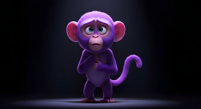 A timid and vulnerable purple 3D animated monkey stands under a dramatic spotlight, hands clasped, expressing sadness and shyness in a solitary moment