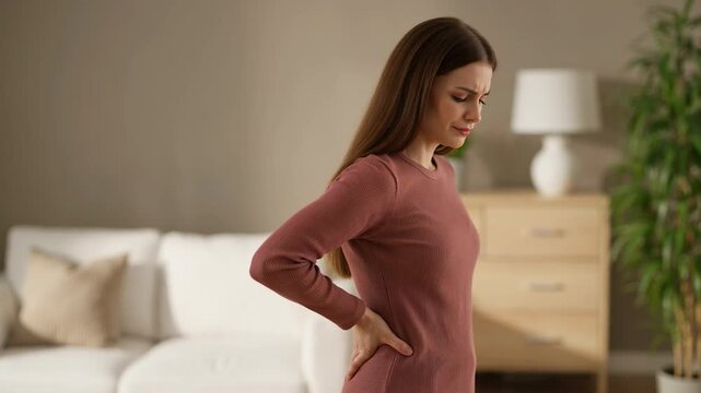Young woman with long brown hair standing in a living room with her hands on her lower back in pain