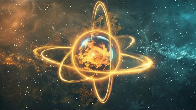 A celestial scene depicts an atom-like structure in space, with cosmic elements surrounding it