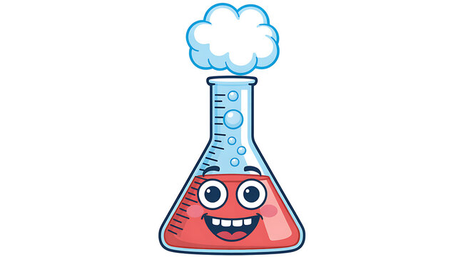 Cute cartoon science flask character with smiling face and big eyes bubbling with red liquid and white cloud steam on clean white background artwork.