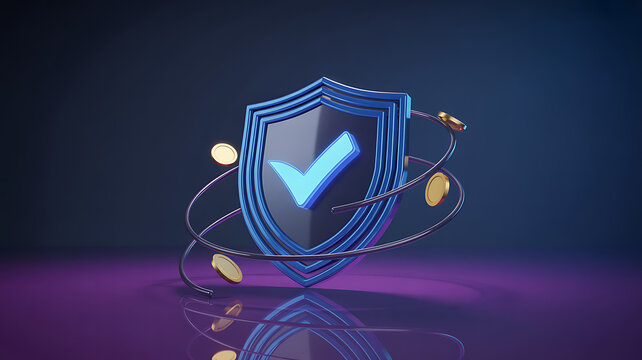 Metallic blue shield with checkmark icon and golden coins orbiting on purple background representing financial security and insurance policy protection.