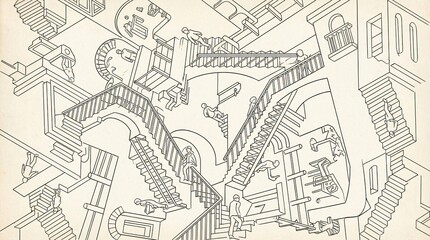 Obraz premium A classic optical illusion line art drawing featuring endless, impossible stairs and paradoxical architectural structures.