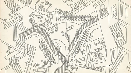 A classic optical illusion line art drawing featuring endless, impossible stairs and paradoxical architectural structures. © All Animation