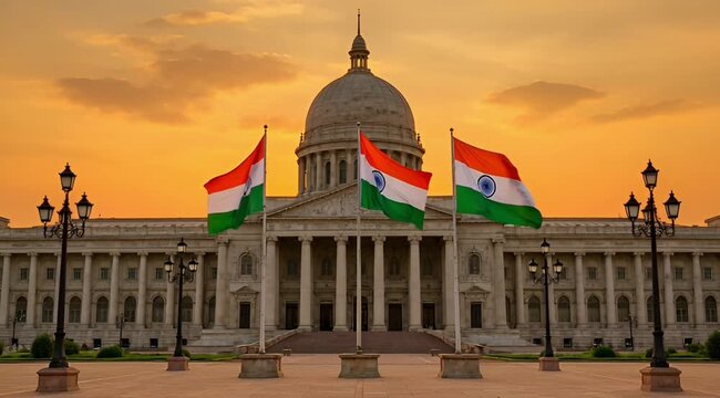 Majestic Indian Parliament Building Displaying Tricolor Flags Against Dramatic Sunset  Representing National Pride and Governance