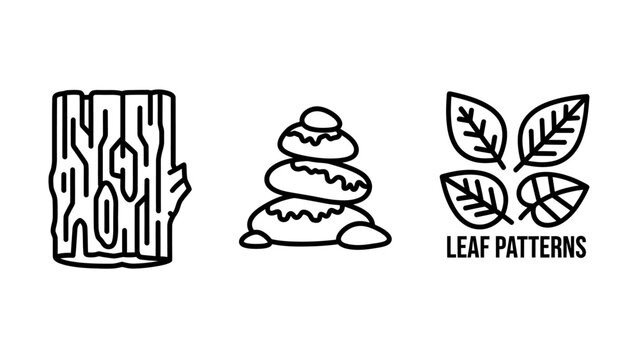Minimalist set of nature inspired graphic icons including tree bark stone cairn and leaf patterns