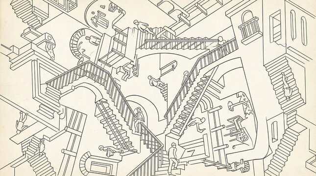 A classic optical illusion line art drawing featuring endless, impossible stairs and paradoxical architectural structures.