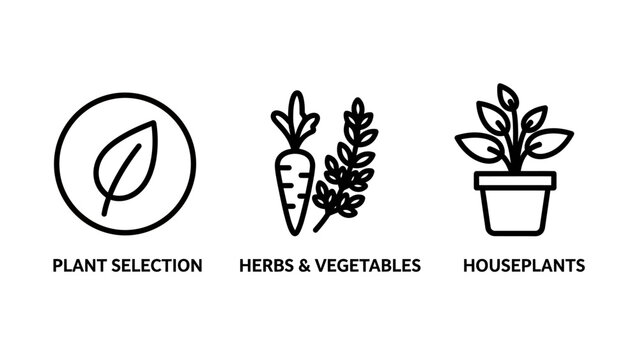 Agricultural and botanical icon set featuring a leaf in a circle, harvest vegetables, and a potted houseplant