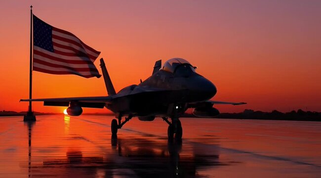 Patriotic Aviation F-35 Fighter Jet on Runway Illuminated by Golden Sunset with American Flag in Striking Silhouette