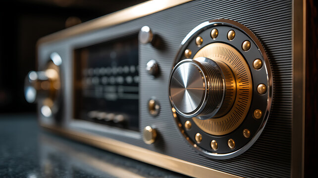 Close up detail of vintage analog radio receiver with tuning dial and knobs on dark textured background studio shot.