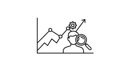 Fototapeta premium Business Growth Analysis: Chart, Magnifying Glass, Person, Gear, Upward Arrow Icon