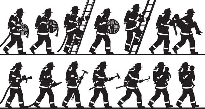 Firefighters Rescue Action Silhouettes Set Pack. Editable Vector Stroke Illustration. featuring firefighter, fire, rescue, emergency, service, uniform, helmet, axe, ladder, hose more silhouettes.