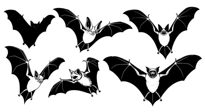 Bats black and white flying illustrations with different poses and styles featuring vector, clip art, halloween with spooky and animal elements for