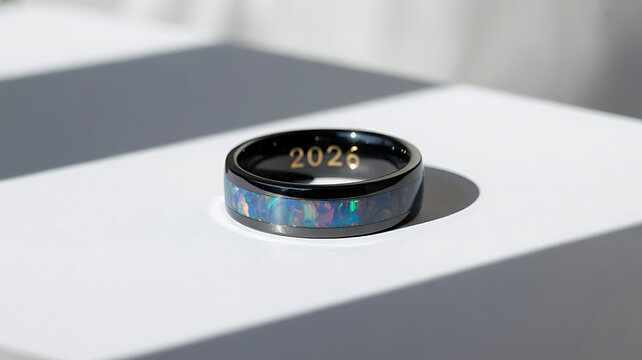 Minimalist black smart ring with blue opal inlay and gold engraved numbers on white surface featuring clean studio lighting and sharp diagonal shadow.
