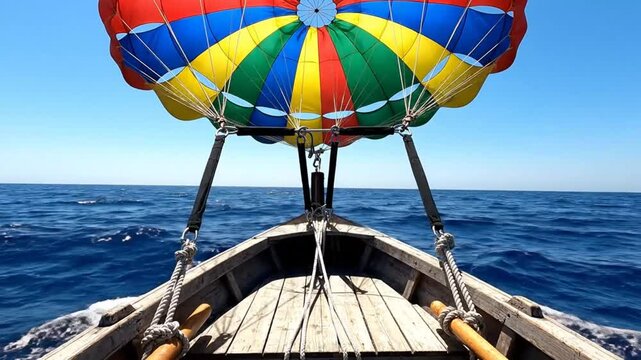 Parasailing adventure over the open blue ocean on a sunny day with a colorful parachute