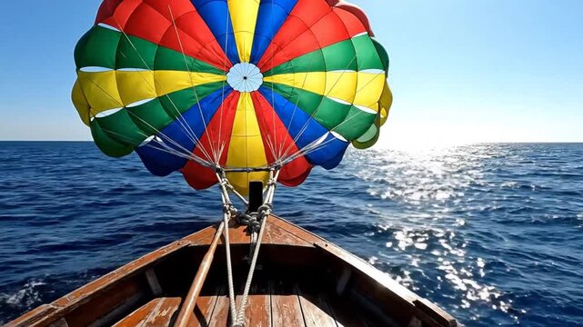 Parasailing adventure over the open ocean on a sunny day with blue sky and sparkling water