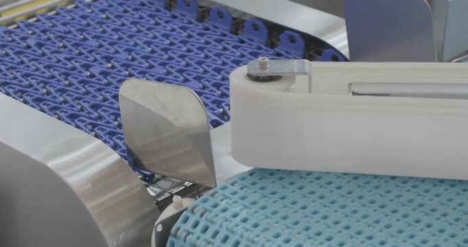 Sorting line is in operation, plastic mesh conveyor belts moving in different directions. Close-up handheld indoors shot, real time speed.