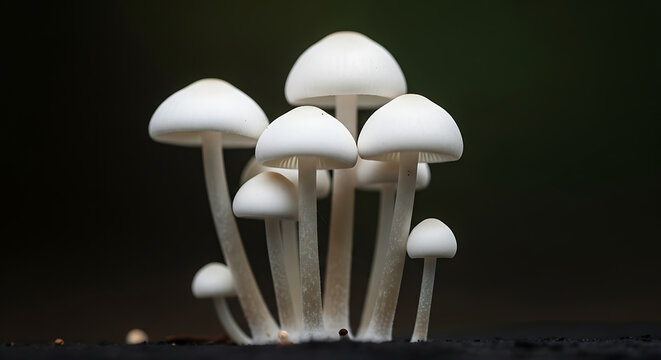 Cluster of white mushrooms in a dark forest setting