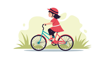 Fototapeta premium Young girl in a red dress and matching hat rides her blue bicycle through a green park with tall grass and sunshine.